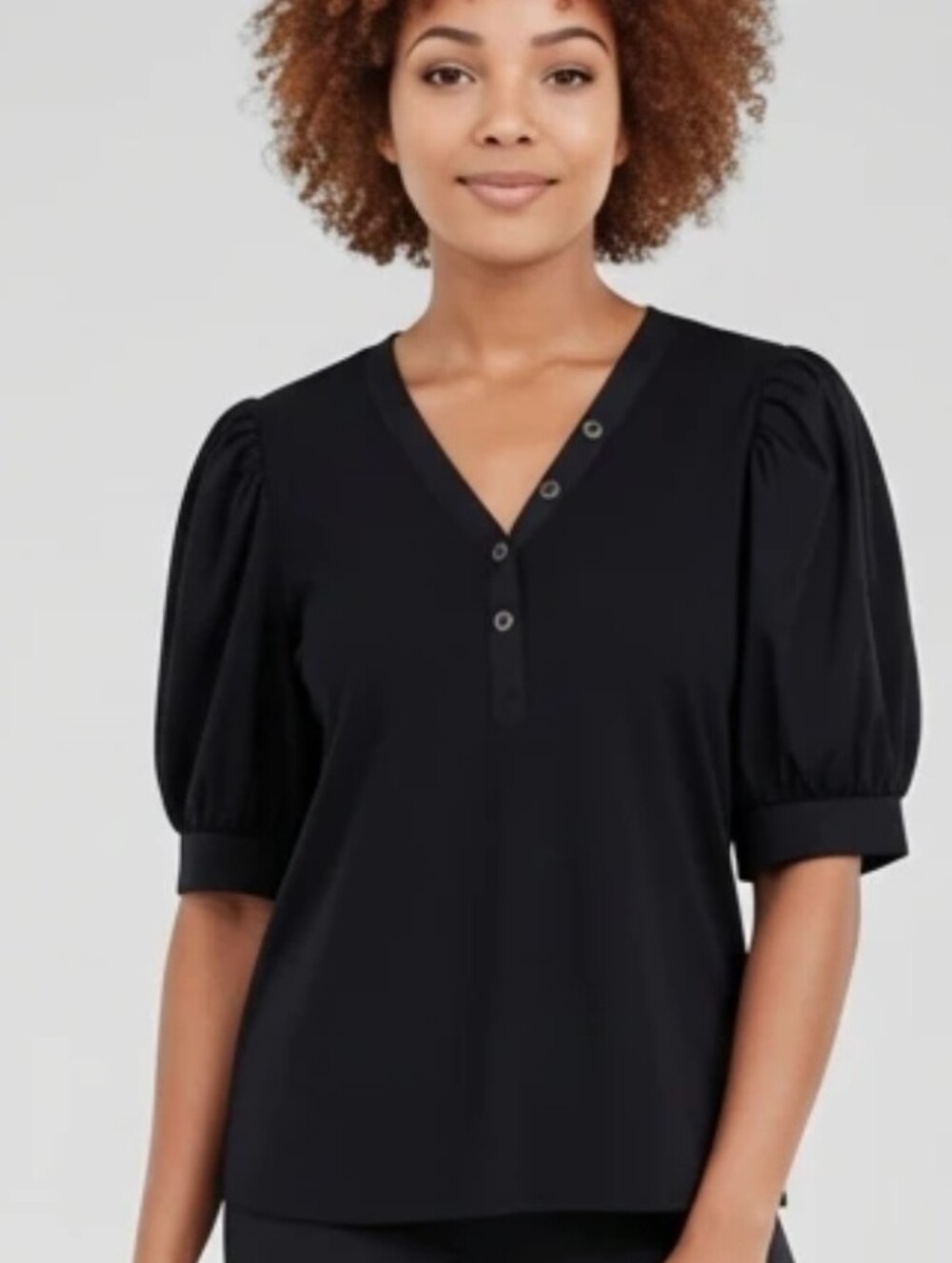 Chico's Slub Split Neck Black Puff Sleeve Henley Tee Chico's Size 3 (L)